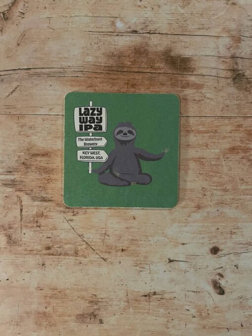 green lazy way IPA beer sloth coaster with directional sign